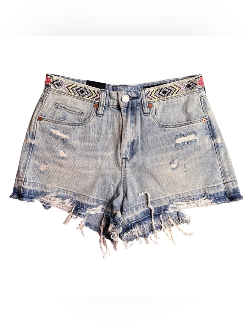 NWT BlankNYC Light Blue Frayed Denim Shorts with Embroidered Waistband Size 26